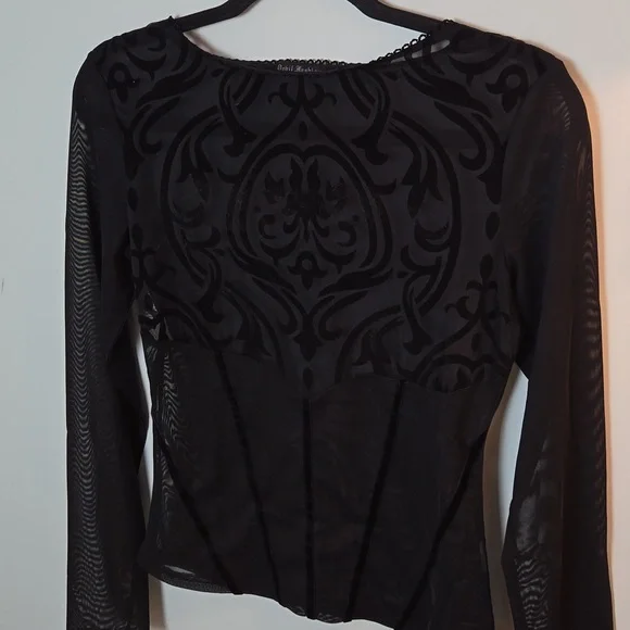 Devil Fashion Gothic Damask black sheer & velvet long sleeve top - Picture 4 of 12